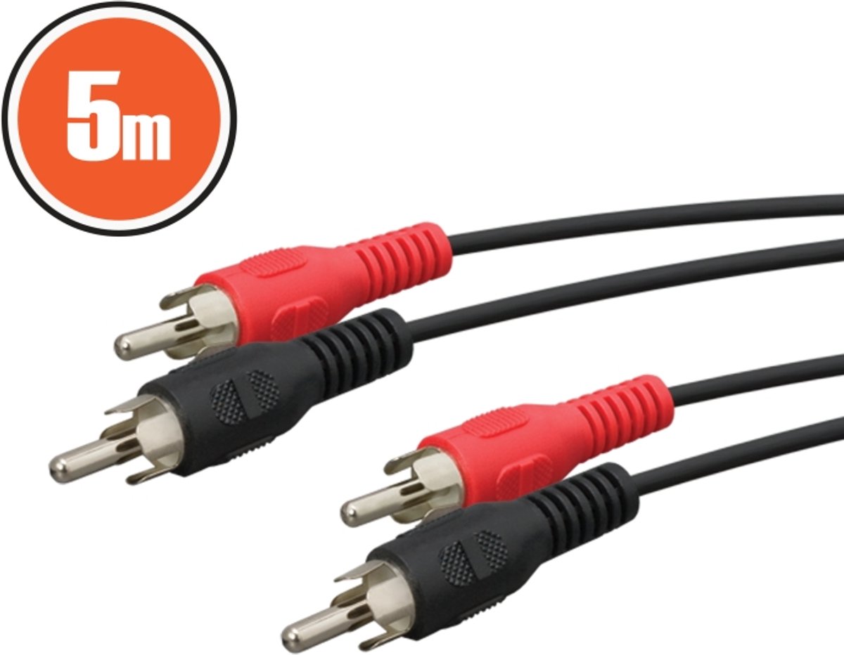 RCA Audio/Video Kabel 5 Meter – 2x RCA Male naar 2x RCA Male – Rood/Zwart – Geschikt voor TV, Versterker, DVD-speler en Multimedia Apparatuur [20116]