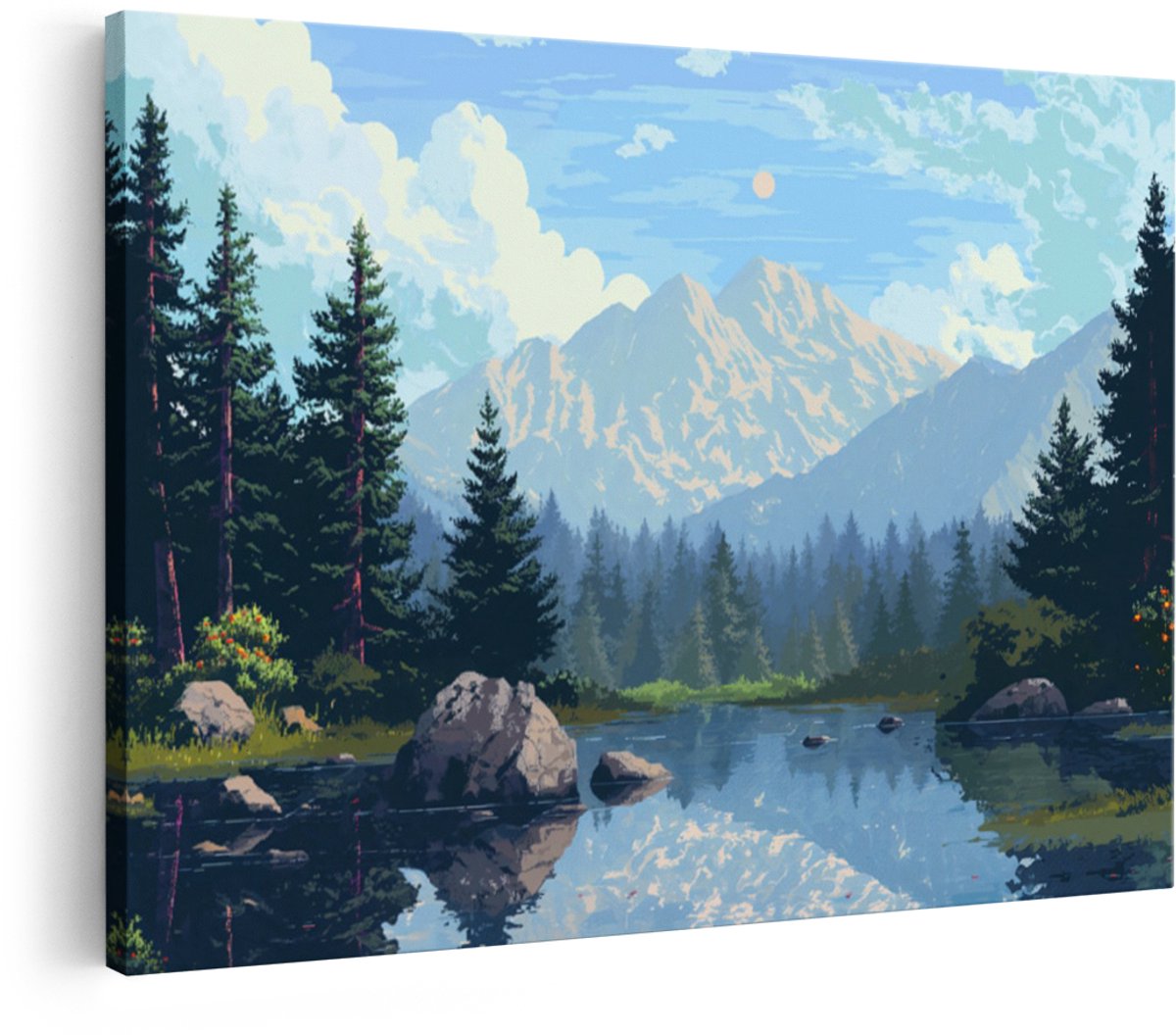 Artaza Canvas Schilderij Bergen Pixel Art - 30x20 cm - Wanddecoratie Landschap Natuur - Muurdecoratie Bos Meer - Schilderijen Op Canvas