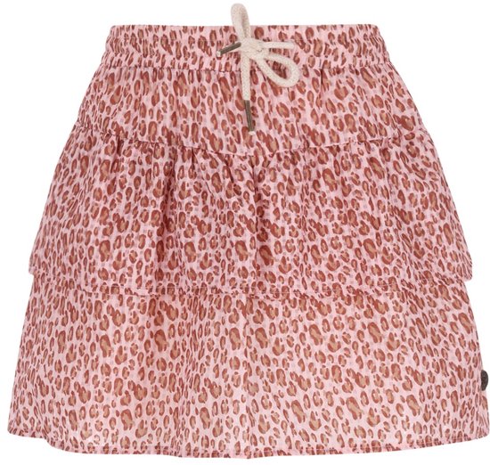 Lichtroze rok met bruine luipaardprint, ruches en veterdetail.