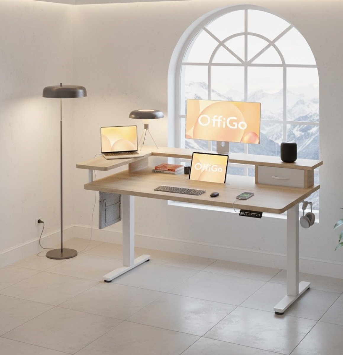 ErgoLift Pro Elektrisch Zit-Sta Bureau 120x60 cm met Lade & USB – Esdoorn Beige | House&Garden