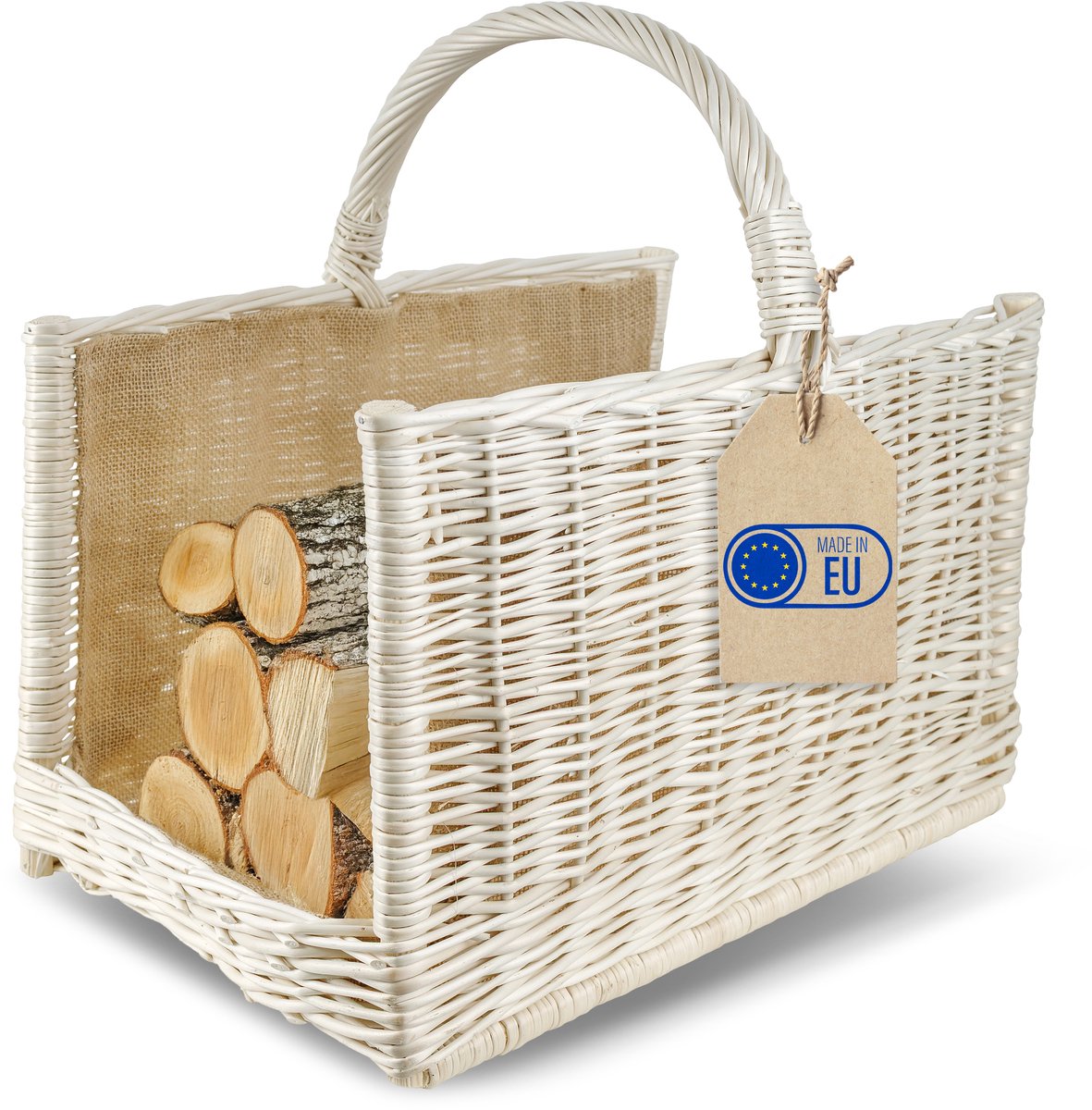 Creative Home Rieten Mand met Handvat voor Openhaardhoutopslag Jute Wit| 50 x 34 x 50 cm Grote Rechthoekige Licht | Handgeweven Handgemaakt Duurzaam | Natuurlijk Bruin Dikke Wilg | Multifunctioneel