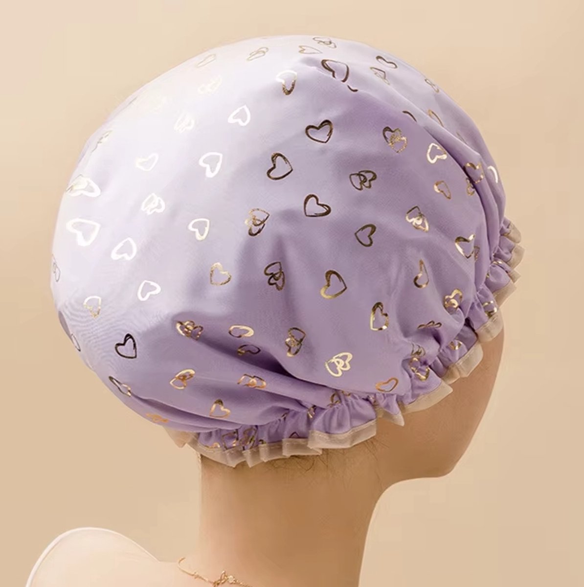 Douchemuts - Shower cap - Douchekapje - Douche cap voor vol haar - Licht Paars met hartjes