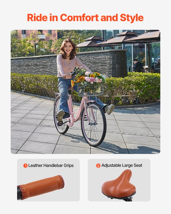 VEVOR Cruiser Bike Roze Strandfiets met Mand 66cm Banden 7 Versnellingen Verstelbaar van VEVOR — afbeelding 5