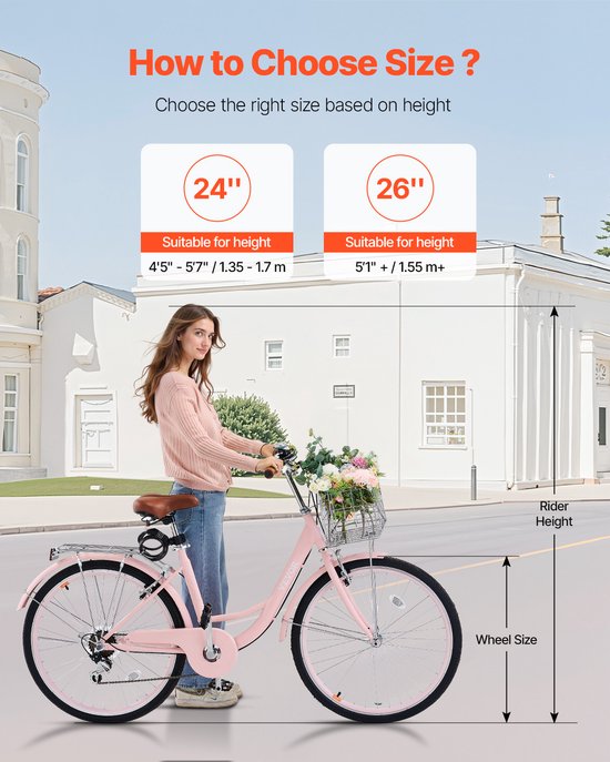 VEVOR Cruiser Bike Roze Strandfiets met Mand 66cm Banden 7 Versnellingen Verstelbaar van VEVOR — afbeelding 2