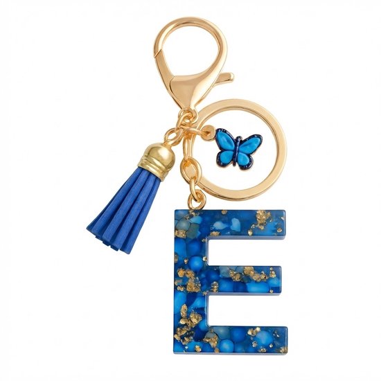 Porte-clés lettre E bleu avec gland et papillon – porte-clés pour dames – chaîne de clés en métal couleur or avec pendentif initial E en acrylique, breloque décorative et gland