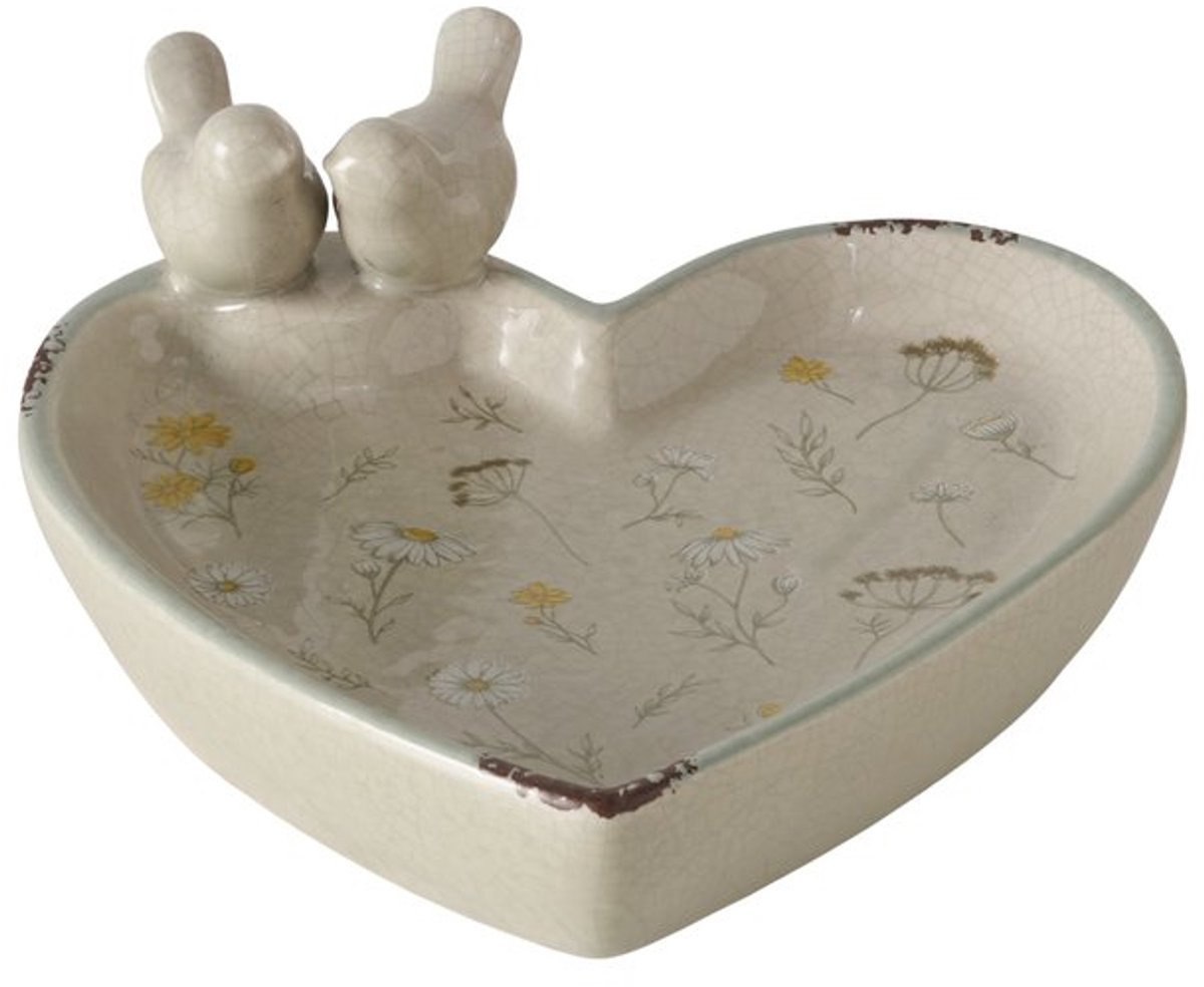 Boltze Boltze - Vogelbad - Meadow - Hart - Keramiek - Beige - Bloemprint - Handgemaakt - Vorstbestendig - 20x19 x7,5 cm