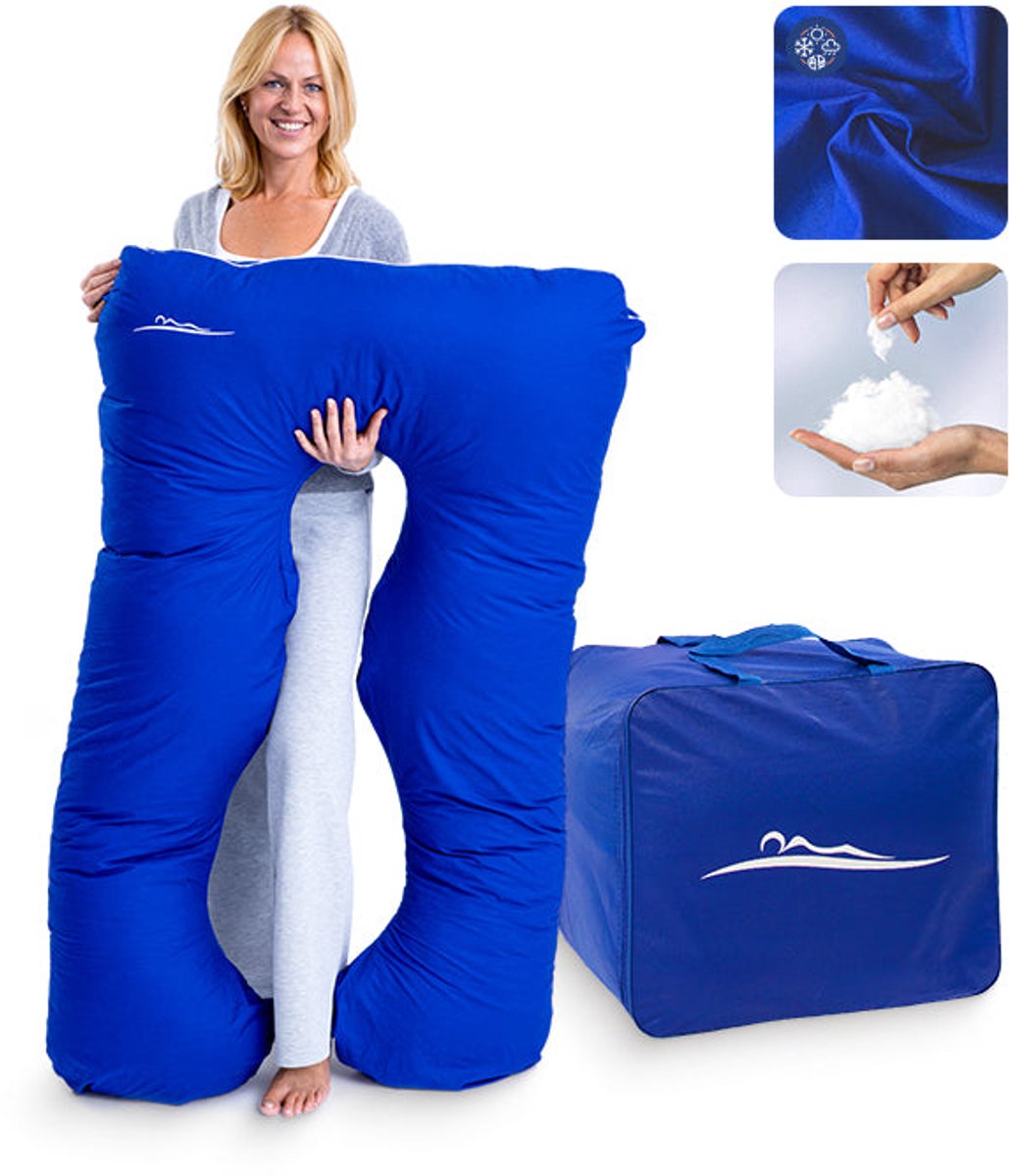 KomfortKissen™ Premium Zwangerschapskussen XXL – Lichaamskussen 150 cm – Zijslaapkussen – Body Pillow – Voedingskussen – Ergonomisch Kussen – Afneembare Hoes – Wasbaar – Borstvoedingskussen – Donkerblauw