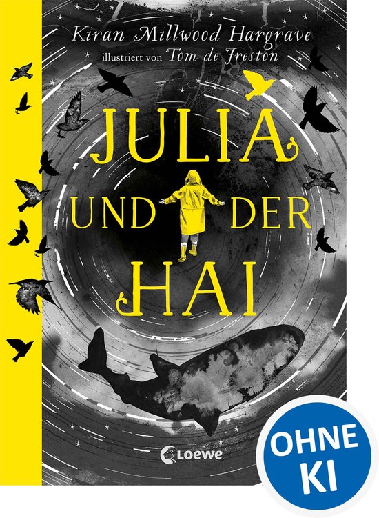 Boek "Julia und der Hai" met een meisje in gele regenjas omringd door vogels en een haai.