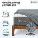 Grijs hoeslaken wordt over een matras getrokken. Past tot 30cm hoogte. "Ontwikkeld voor perfecte grip."