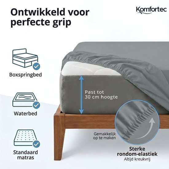 Grijs hoeslaken wordt over een matras getrokken. Past tot 30cm hoogte. "Ontwikkeld voor perfecte grip."
