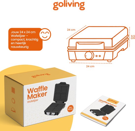 De verpakking van een Goliving wafelmaker, met afmetingen 24 x 24 cm en 9.5 cm hoog. De verpakking toont een afbeelding van de wafelmaker en een boekje.