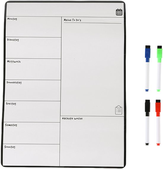 Weekplanner whiteboard - 42 x 30 cm - magnetisch - met markers