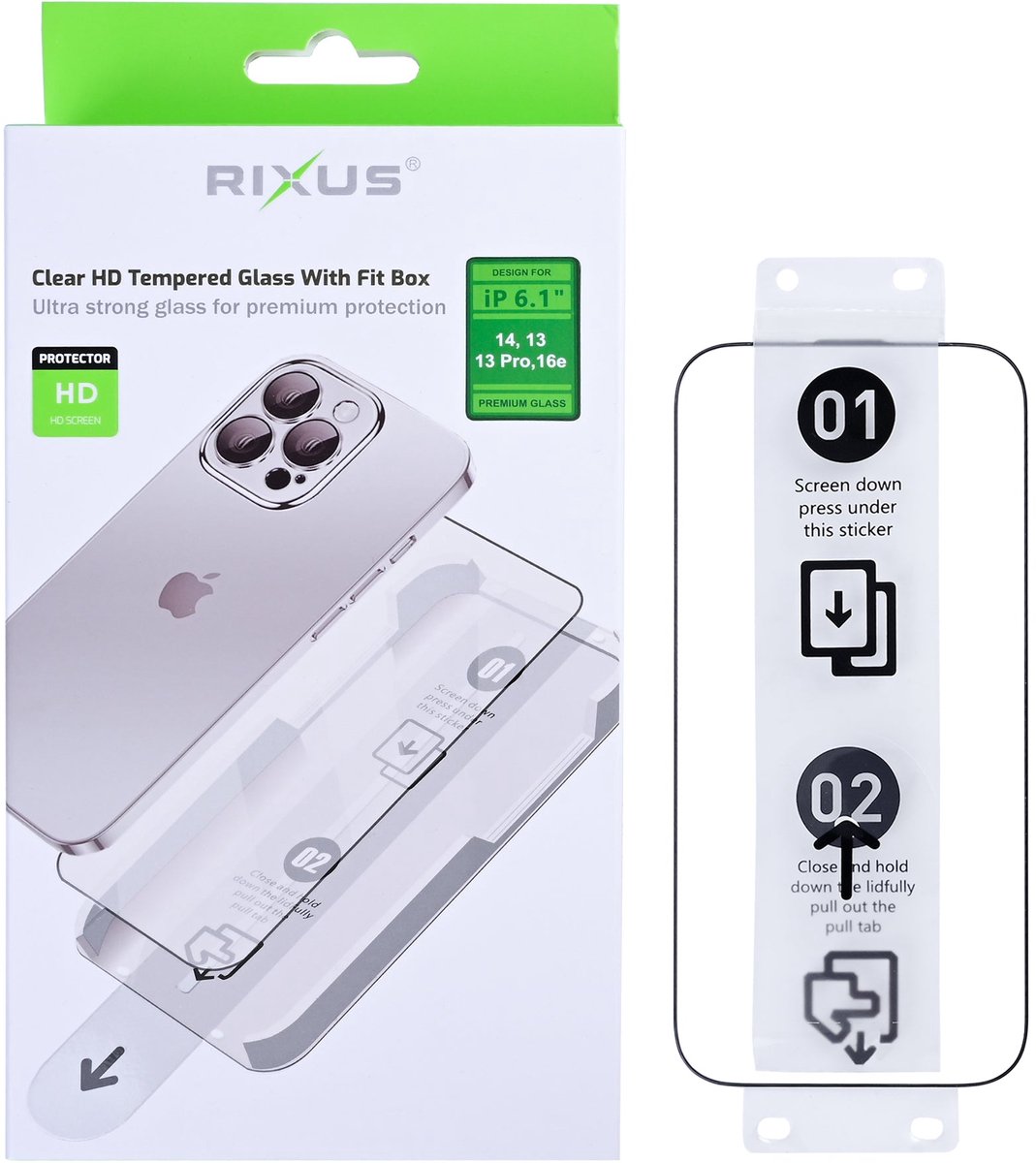 Rixus Clear HD Tempered Glass With Fit Box For Apple iPhone 14 , 13, 13 Pro, 16e, 17e