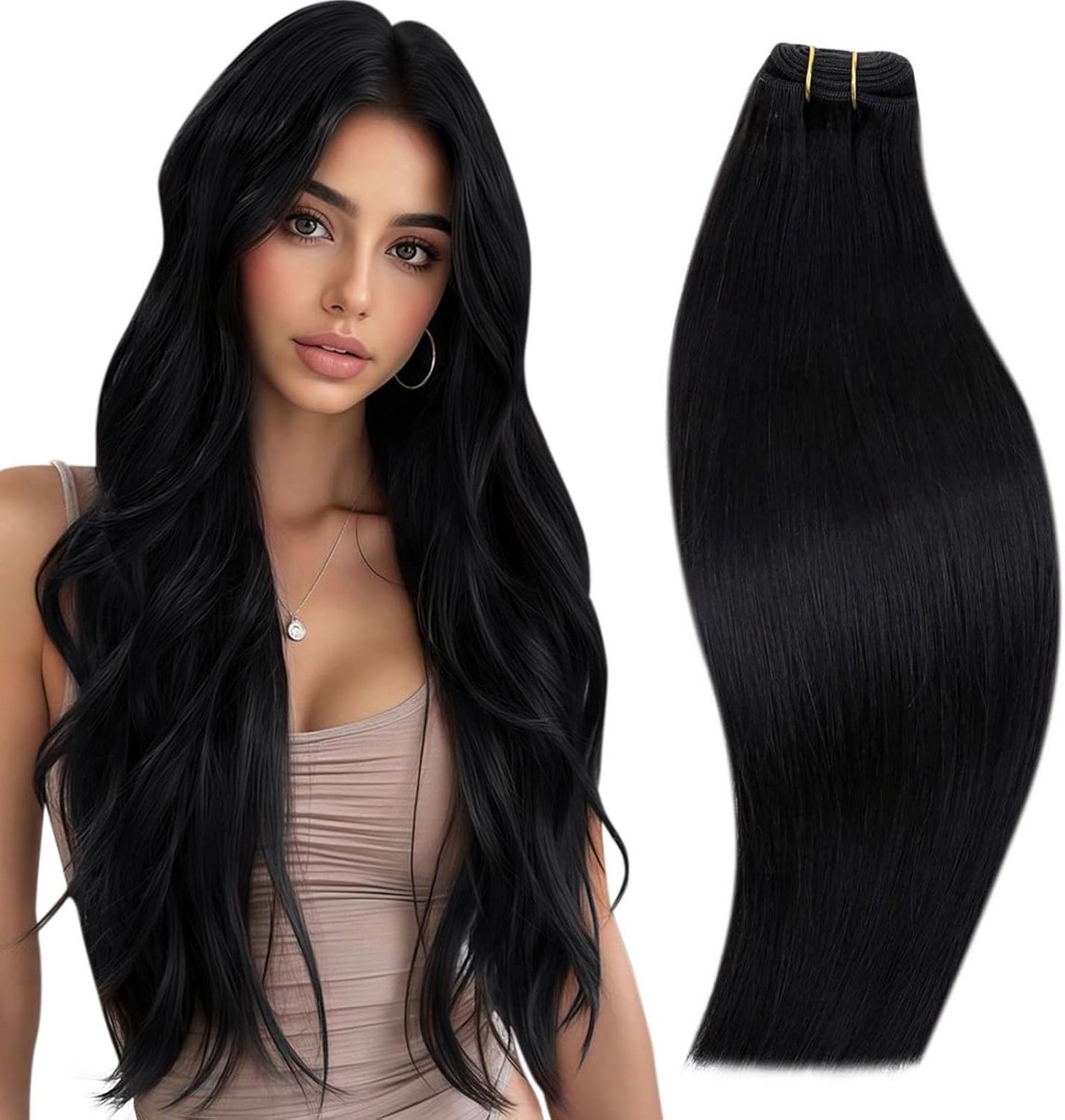 Rechte Weft Haarextensions Menselijk Haar - 50cm (20 Inch) - 100 Gram - Jet Zwart
