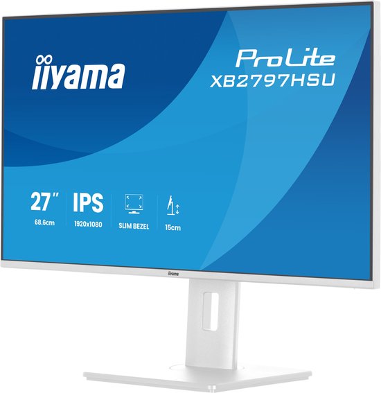 Witte iiyama ProLite XB2797HSU monitor, 27 inch, IPS, Full HD, slim bezel, in hoogte verstelbaar.