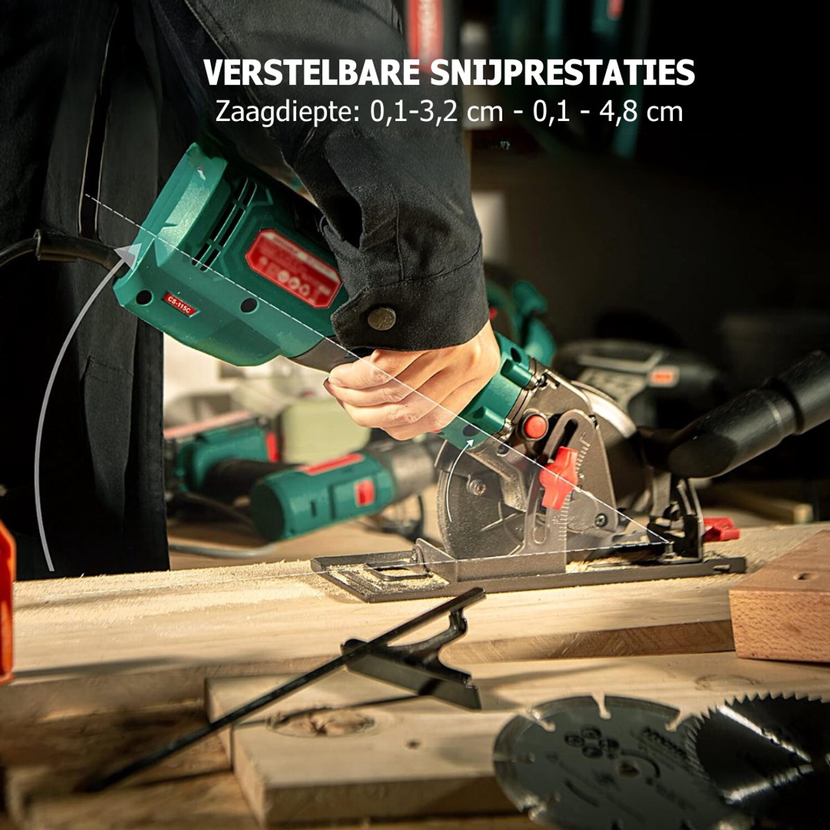 Zyrex® Cirkelzaag met geleiderail - Krachtige handcirkelzaag - Zaagbladen en geleiderail - Zwart/Groen - 13cm x 32cm x 42cm – foto 3