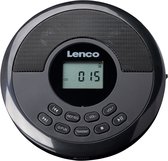 Zwarte Lenco draagbare CD-speler met display en bedieningsknoppen.