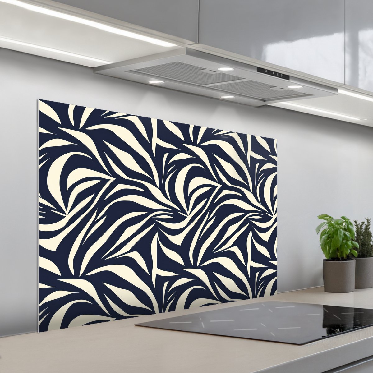 Spatscherm 100x65 cm - Zelfklevende achterwand Bladvormen - Blauw - Patroon - Wit - Keuken muurbeschermer - Spatwand fornuis