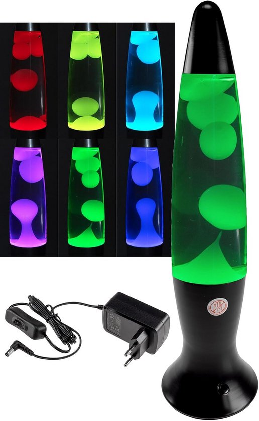 Lavalamp met groene lava en zilverkleurige voet en zwarte bovenkant. Collega's tonen zes kleuren lava lampen.