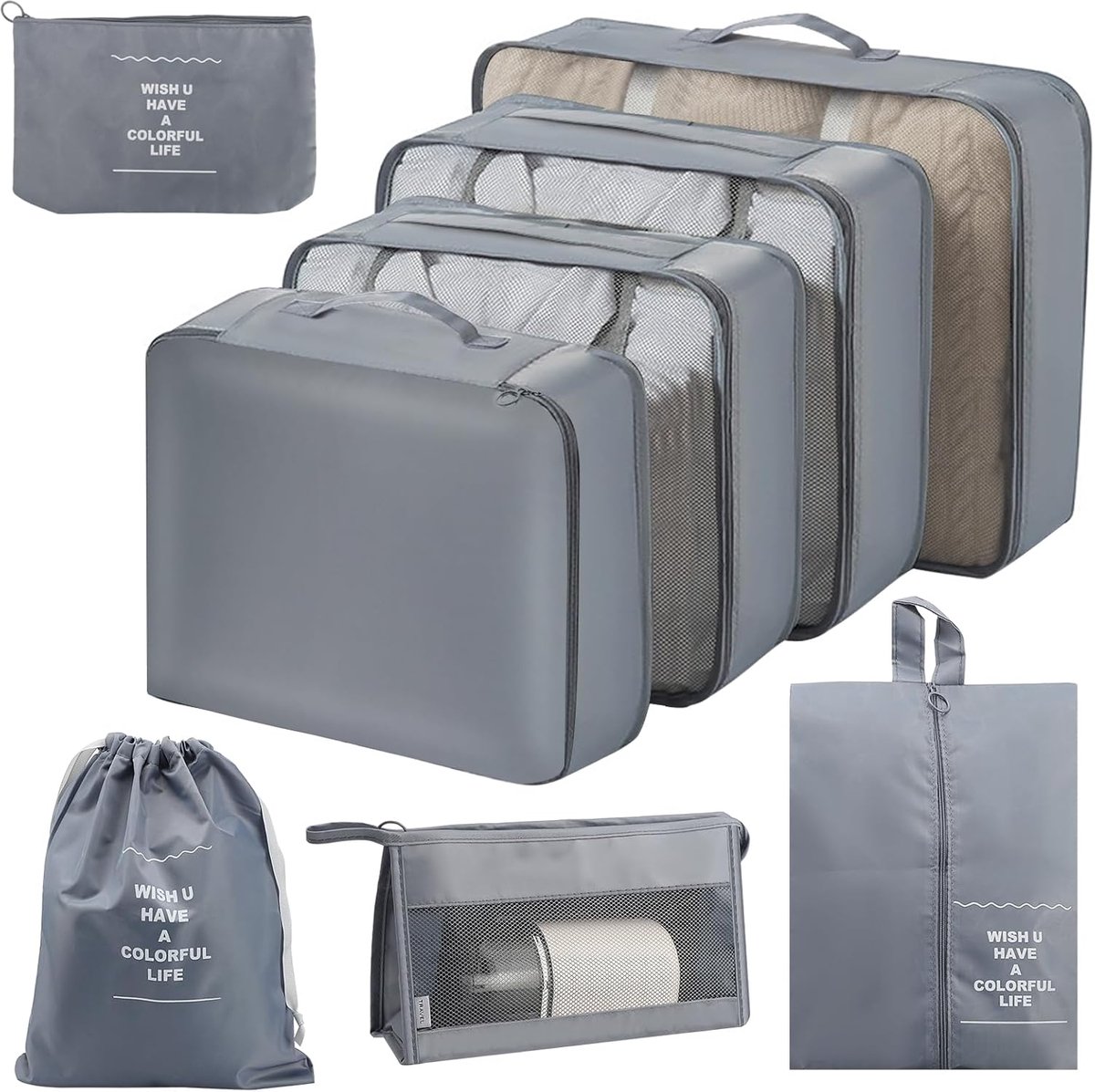 SnelShoppen - 8-delig Koffer Organizer Set, Grijze Inpak Cubes, Reis Organizer, Waterdichte Garment Bags, Koffer Opslag Tassen, Ideaal voor Vakanties
