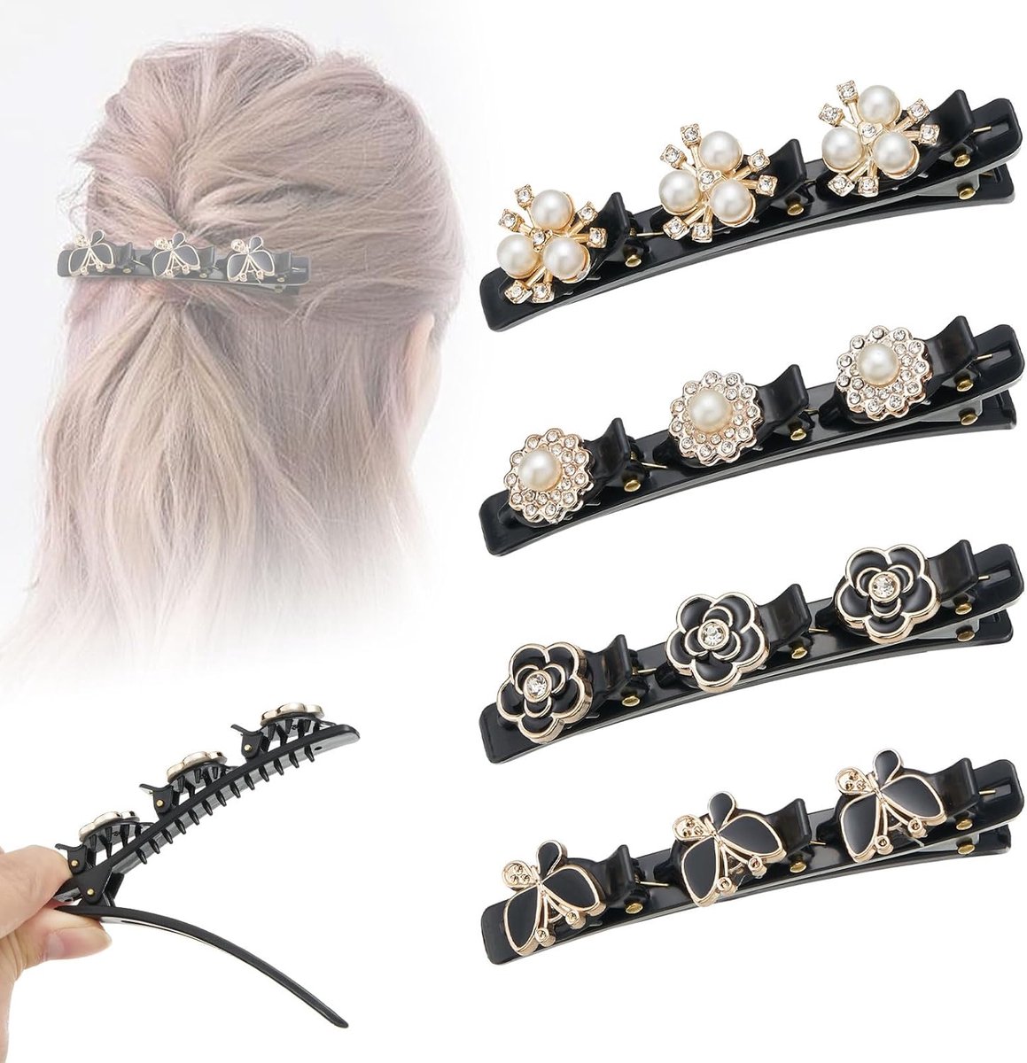 4 Stuks Gevlochten Strass Haarclips met Kristallen en Dubbellaagse Stijl
