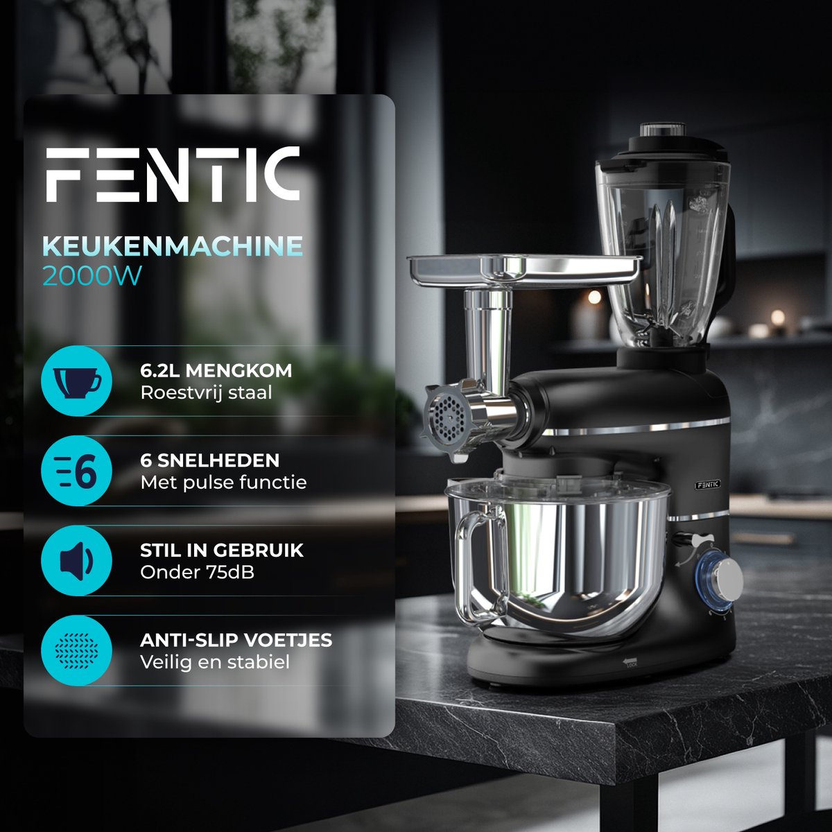 Fentic Keukenmachine – 2000W – Keukenrobot – Foodprocessor - 6,2L Mengkom – Incl. Vleesmolen, Blender en extra Accessoires – Zwart — afbeelding 2