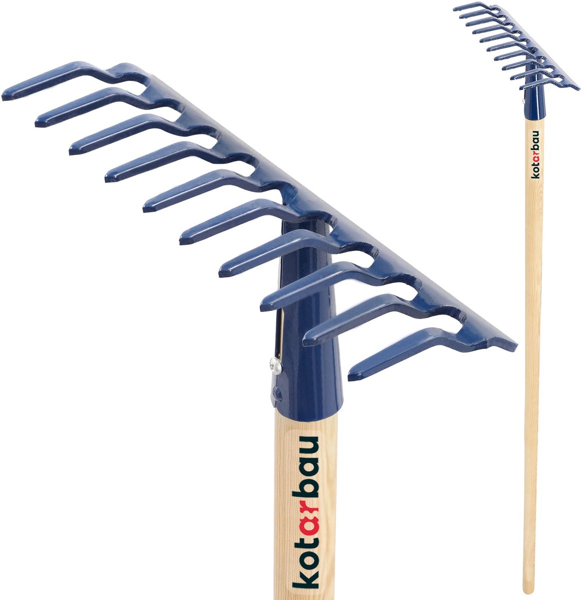 KOTARBAU® Tuinhark, Bladhark, Staal, 26 cm, Marineblauw, met Houten Steel, 135 cm, 10 Tanden, voor Gazon, Stevige Hark, Metalen Hark, Ergonomisch Tuingereedschap