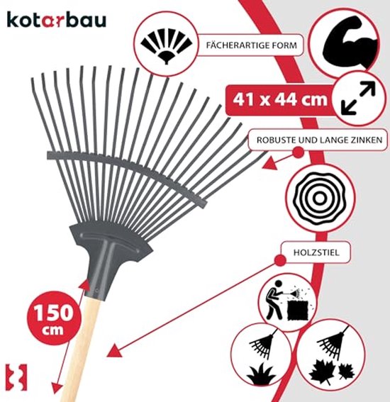 KOTARBAU® Bladhark, Staal, 44 cm, Bladbezem, met Houten Steel, 191 cm, Stevige Hark, Tuinhark, Gazonhark, voor Bladeren Gras Tuin, Ergonomisch Tuingereedschap, Grijs Natuurlijk Hout van Merkloos	 — afbeelding 5