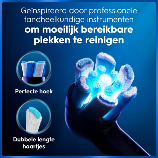 Close-up van Oral-B iO borstelkop met 'Perfecte hoek' en 'Dubbele lengte haartjes' details.