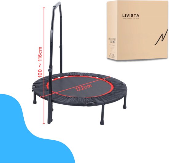 Zwarte trampoline van 122 cm met rode rand en verstelbare handgreep. Livista doos ernaast.