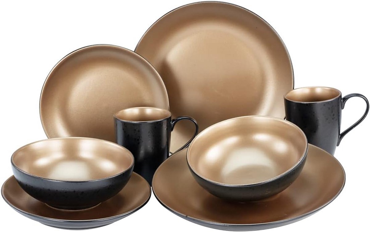 Luxe Servieset 8-Delig Goud Zwart Koper Steengoed Mica Glazuur