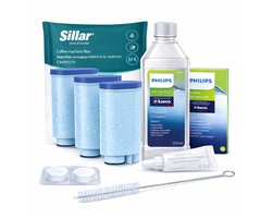 Philips / Sillar Onderhoudsset voor Philips/Saeco Koffiemachine – 2x AquaClean Waterfilter Vervanging voor CA6903/00 CA6903/10 – 2x Reinigingstabletten – Ontkalker 250 ml – Reinigingsborstel – Smeermiddel