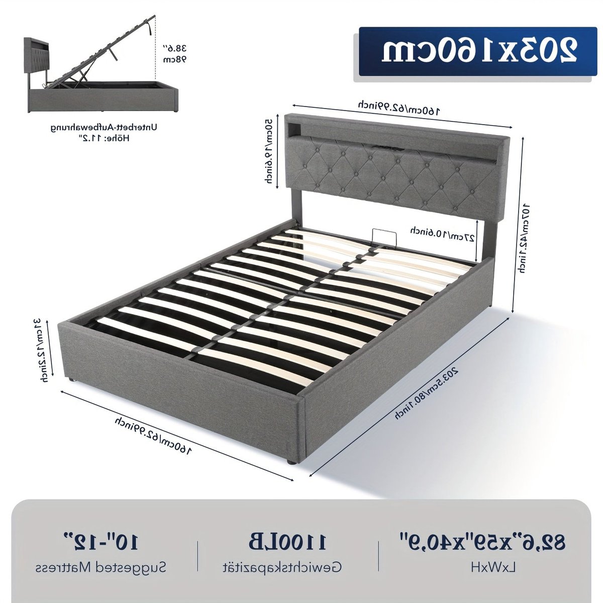 Bed 160x200 – Tweepersoonsbed – Opbergbed – Boxspringbed – Led Bed – Hydraulisch Opklapbaar – Grijze Linnen Bekleding – Metalen Frame – Ruime Opbergruimte – Lattenbodem