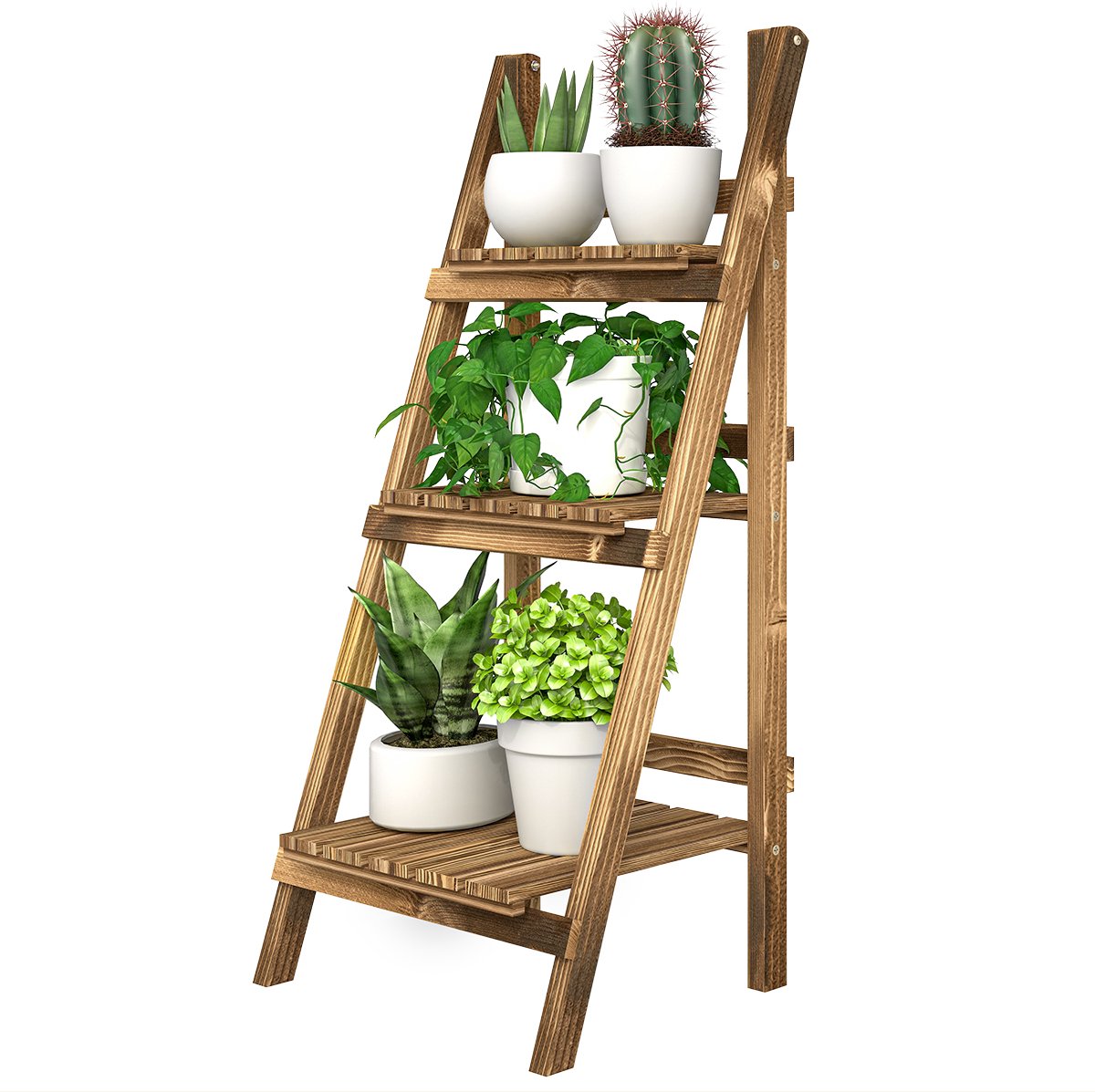 Killogood Drielaags plantenstandaard - opvouwbaar - 93 cm hoog - geschikt voor binnen en buiten - houten plantenstandaard - plantenbak met dienblad - plantenplateaus - geschikt voor woonkamers - tuinen - balkons - donkerbruin.