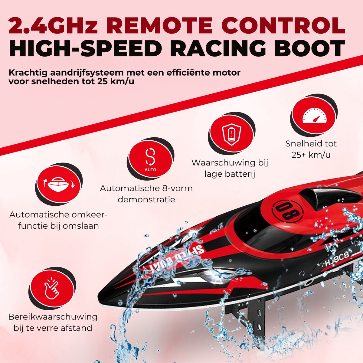 Pumpify Bestuurbare Boot – Waterspeelgoed – RC Boot – Snelheid Tot 25 km/h – 150m Bereik – Speelgoed Boot – Speedboot – Afstandsbestuurbare Boot - Speelgoed – 5 jaar – 6 jaar – 7 jaar – 8 jaar – 9 jaar – 10 jaar – Rood — afbeelding 3