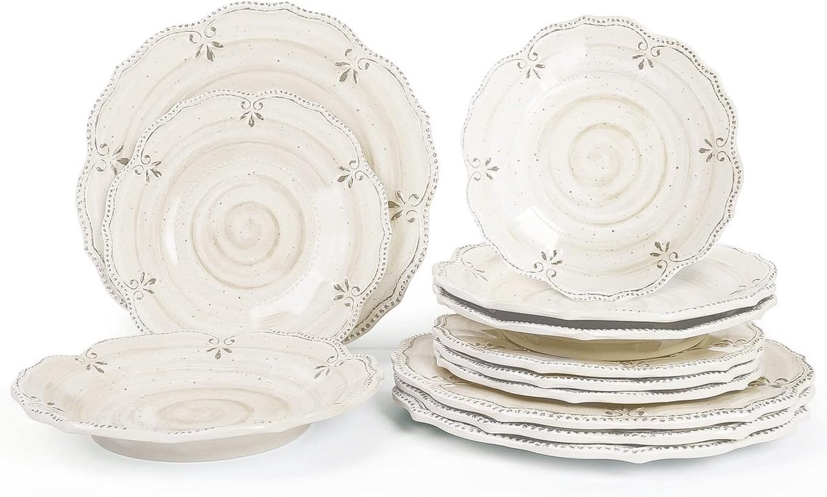 Servies Set 12 Delen Borden en Kommen Melamine Binnen en Buiten Wit