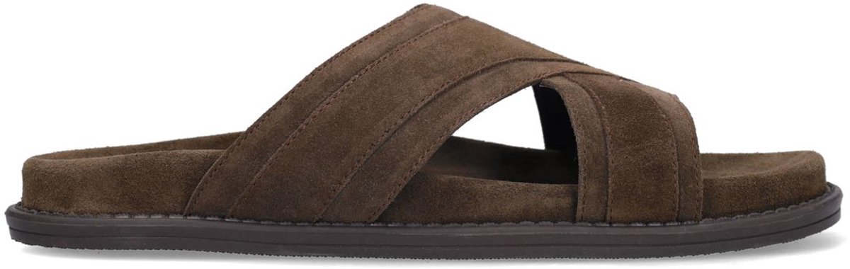 Manfield - Heren - Donkerbruine suède slippers - Maat 42