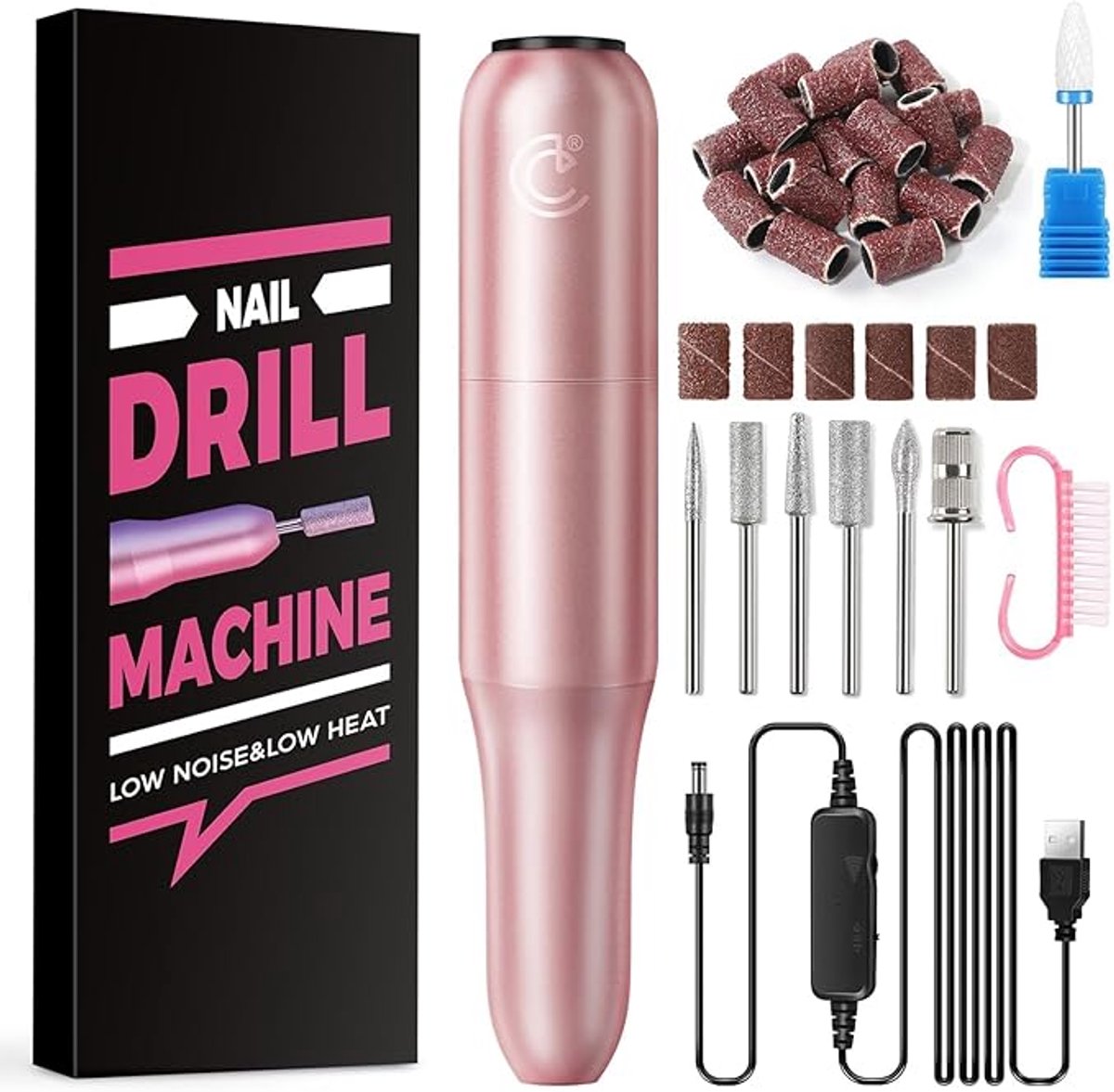 Elektrische Nagelfrees 20.000 rpm – Professionele Nagelvijl voor Gelnagels met 6 Metalen Bitjes, Keramisch Opzetstuk & USB-kabel | Manicure Pedicure Set