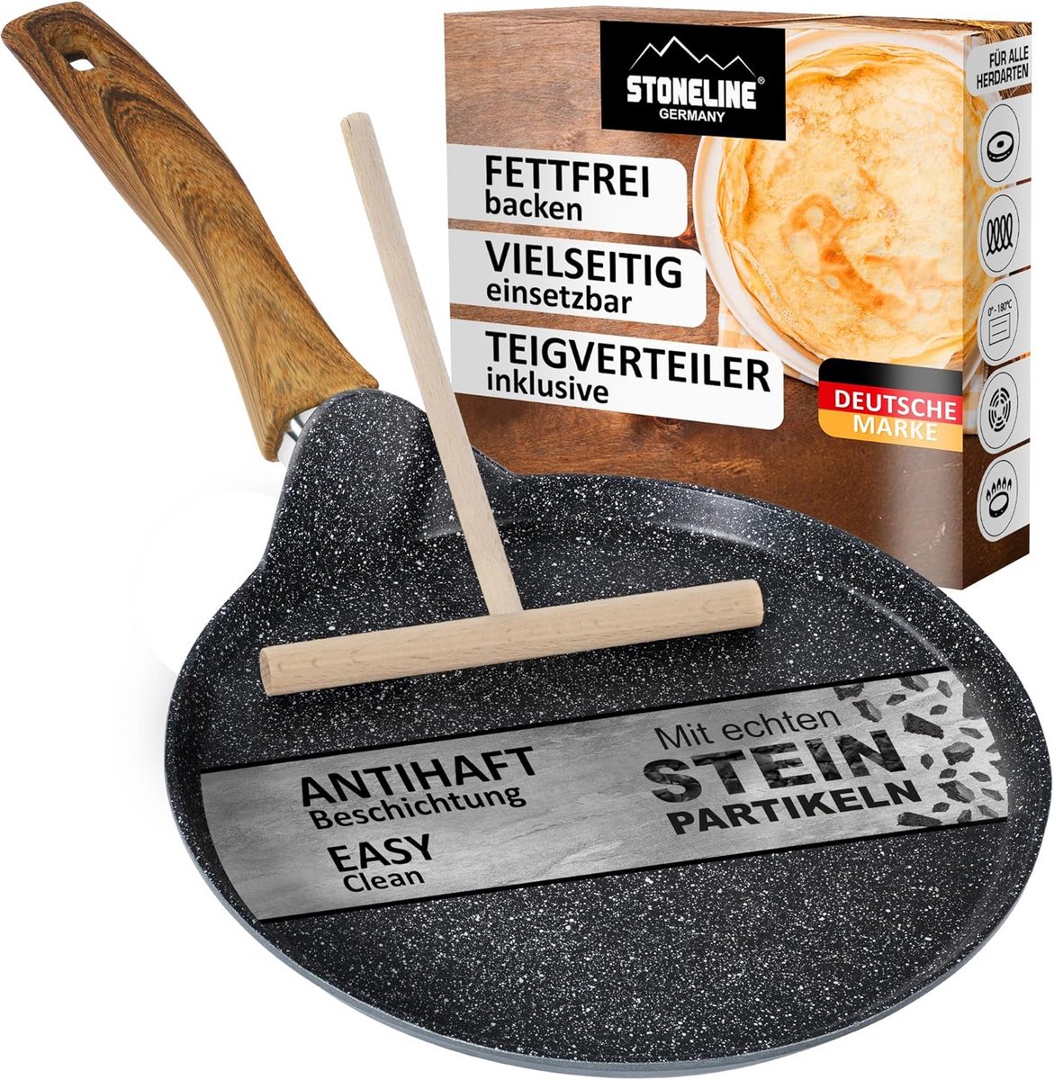 Crêpepan 25 cm met Houten Deegverdeler - Voor Dunne Pannenkoeken