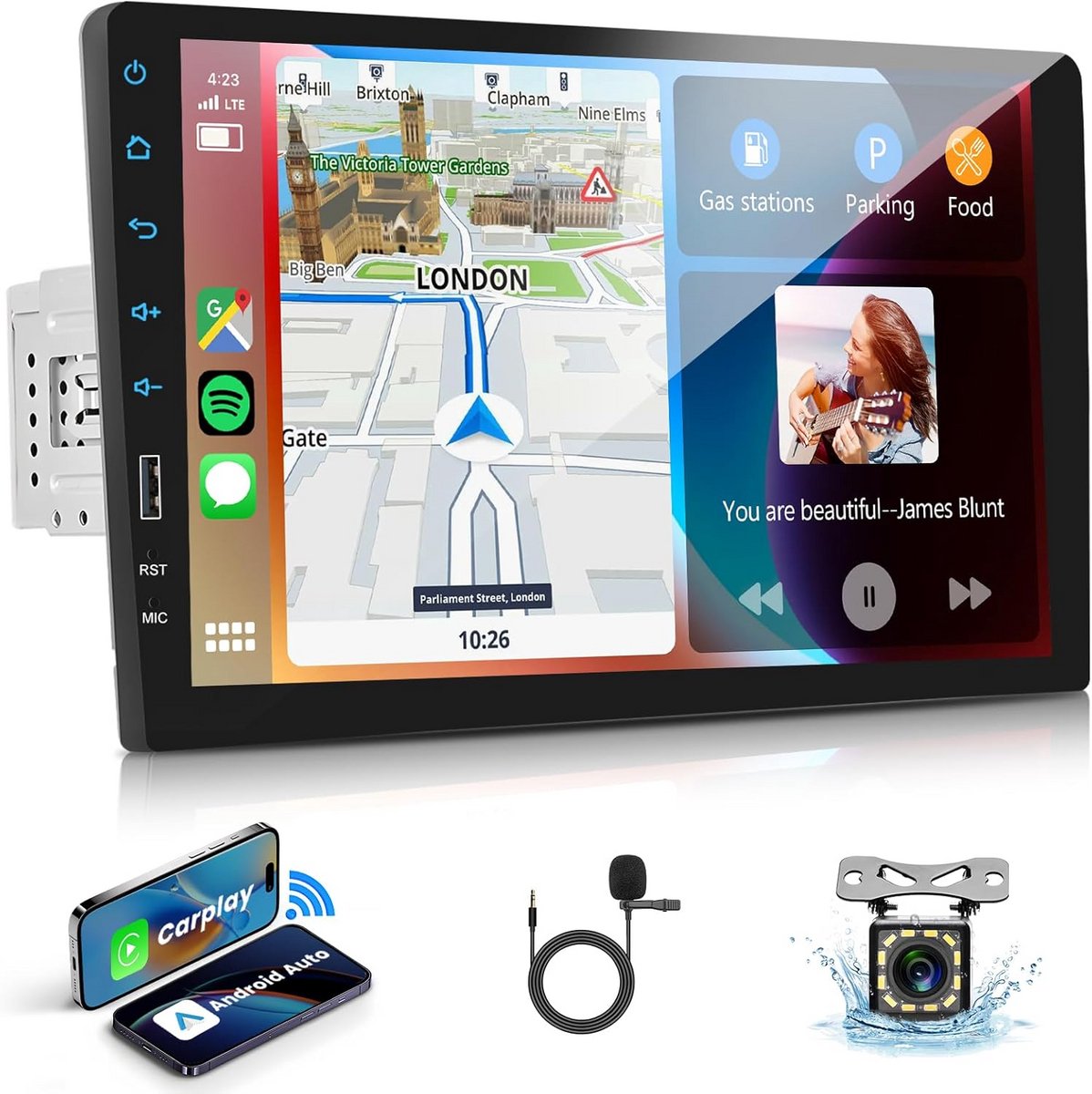 1 Din Autoradio met Draadloze CarPlay en Android Auto, 9 Inch Touchscreen en Achteruitrijcamera