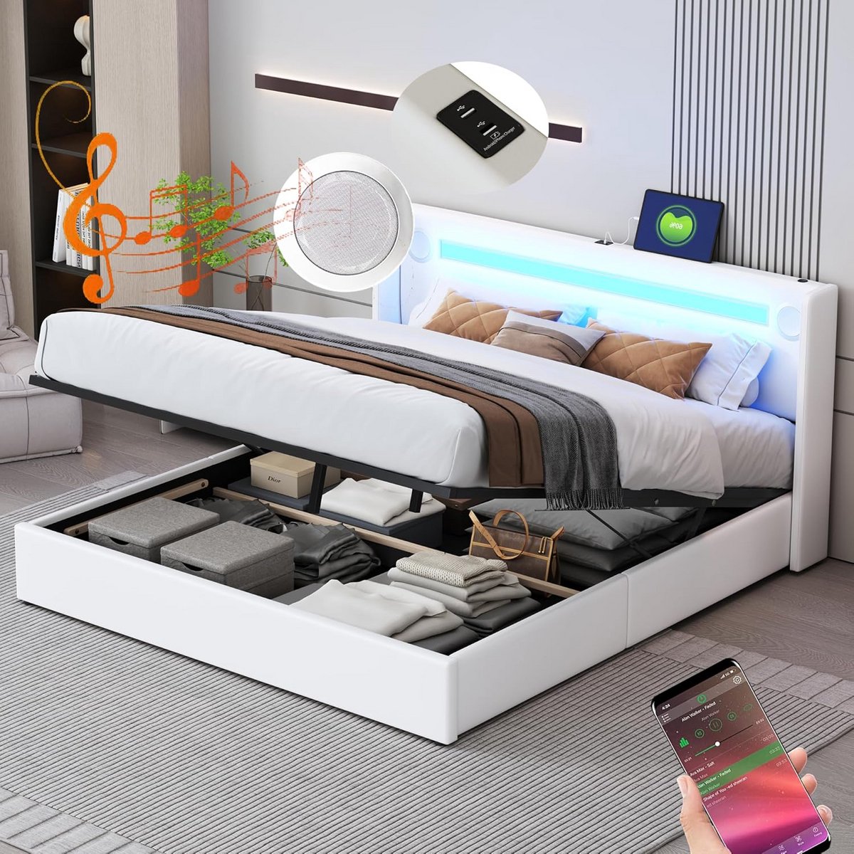 Luxe Gewatteerd Bed met LED-Verlichting en Opbergruimte - 160x200 cm