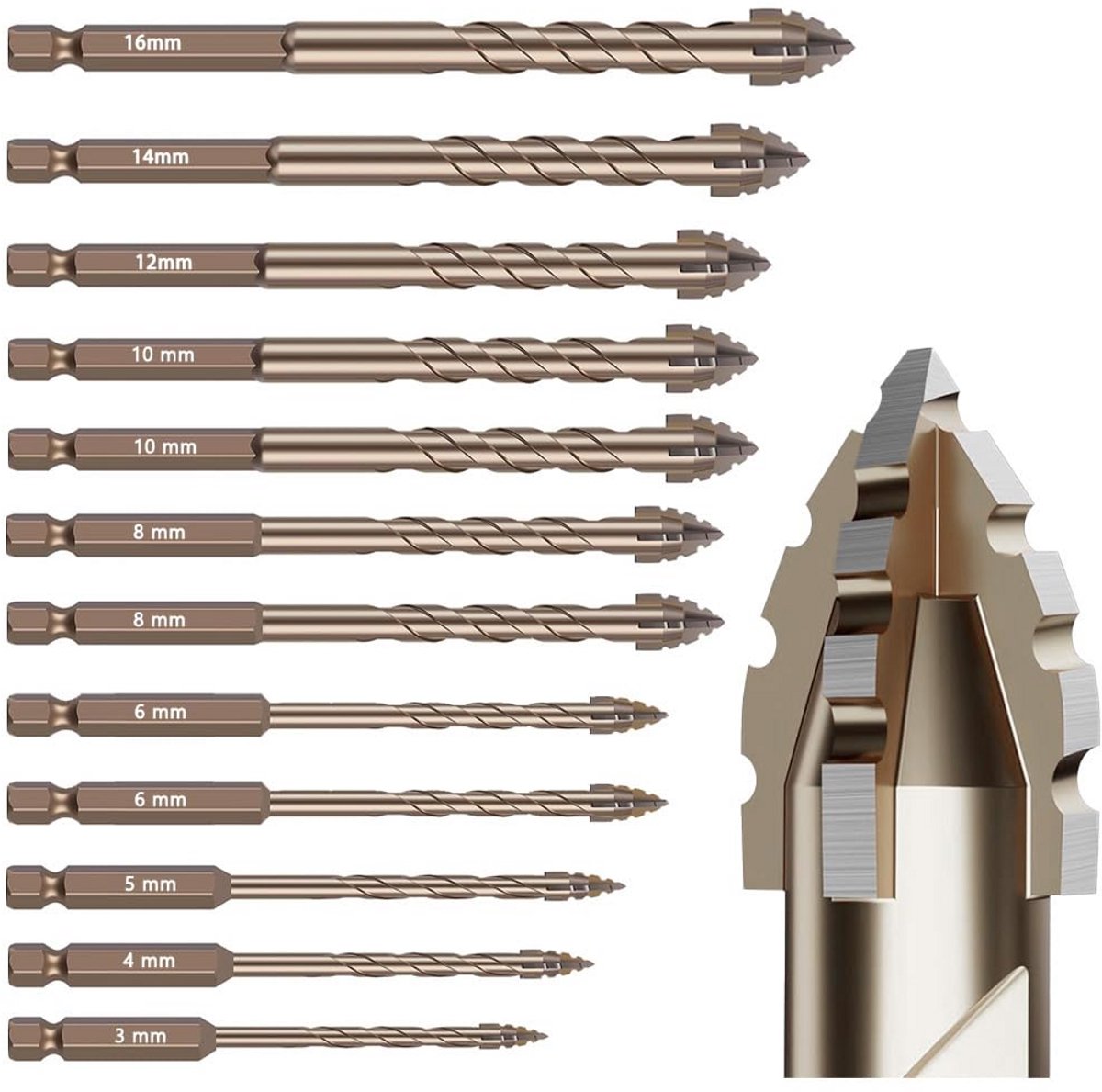 12-delige Steenboor Set (3-16 mm) - Titanium Gecoat voor Beton, Tegel en Metaal