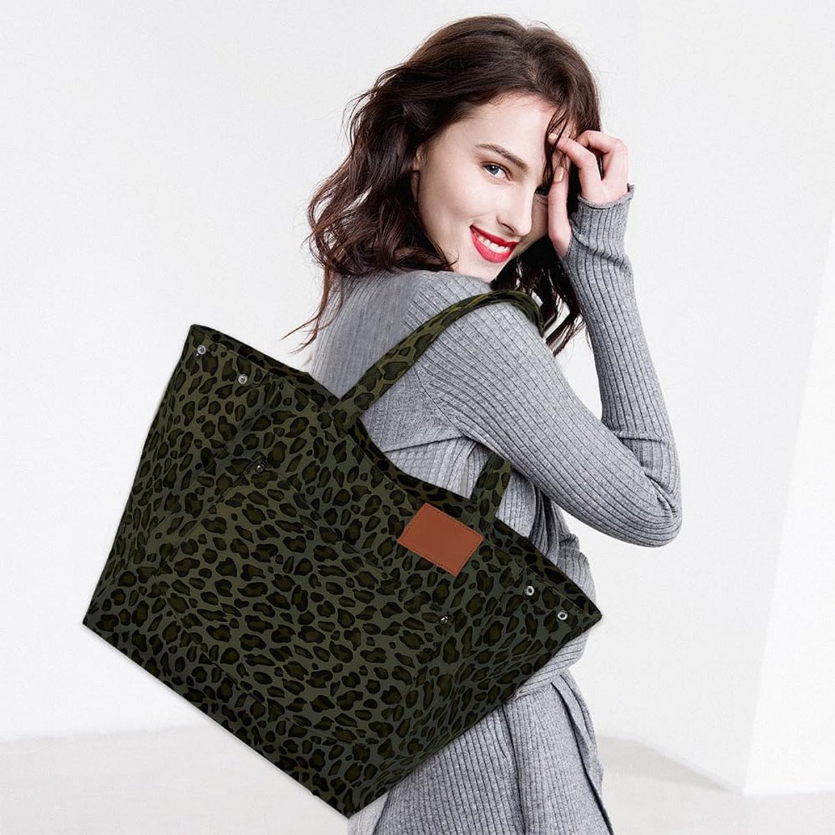 Grote Canvas Shopper Tas Dames met Luipaardprint - Schoudertas voor Werk en School