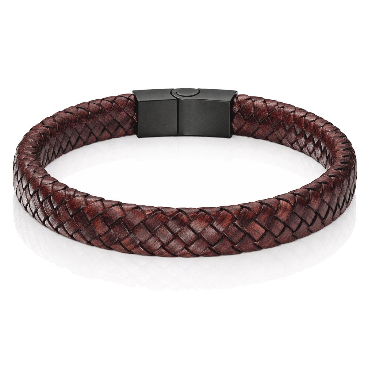 Gevlochten Leren Armband Heren Edelstaal Sluiting Bruin-20.5cm