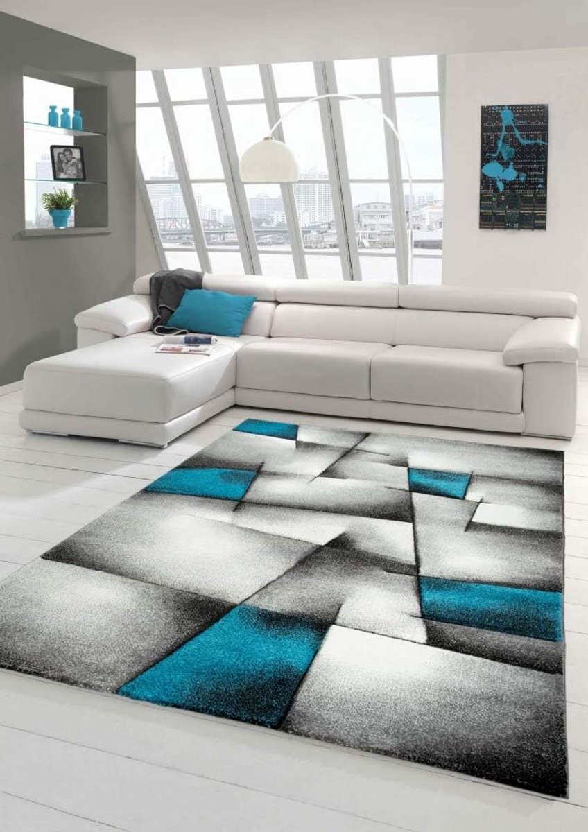 Laagpolig Vloerkleed Woonkamer Abstract Ruitpatroon Grijs Turquoise Wit Geschikt voor Vloe