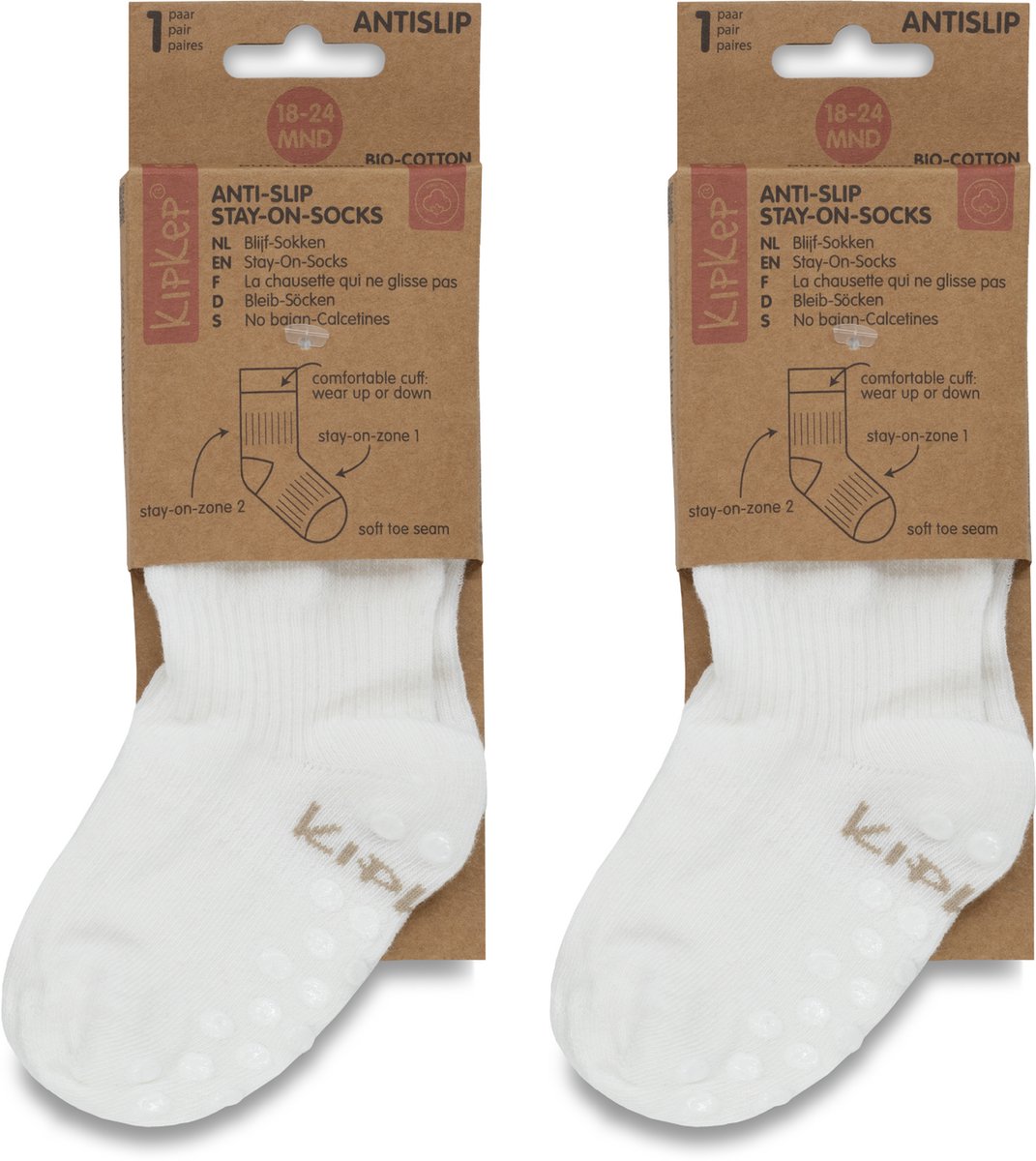 KipKep Blijf-Sokjes 2 paar met antislip - maat: 18-24 maanden - OffWhite - Wit - Bio-katoen - Voordeelpak