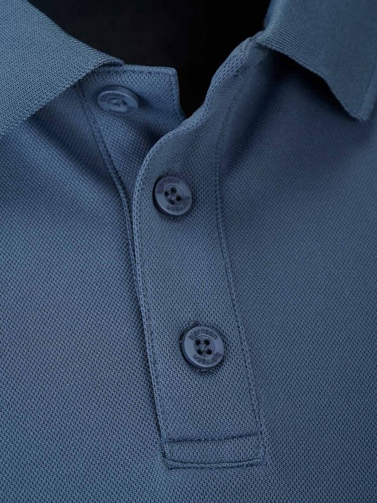 Blauw poloshirt kraag en knopen met logo.