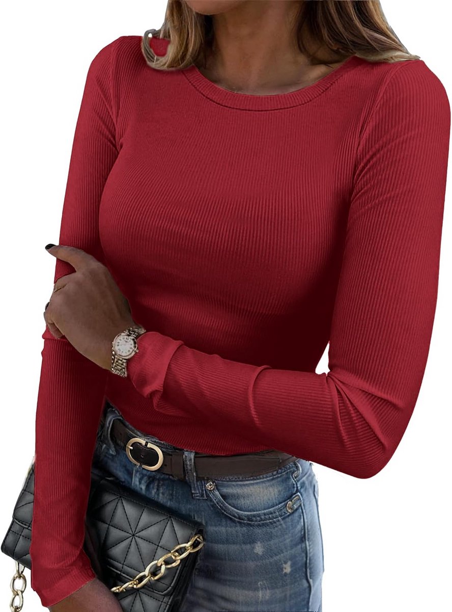 Dames T-Shirt Lange Mouwen Ronde Hals Slimfit Stretch Basic Effen Top Casual