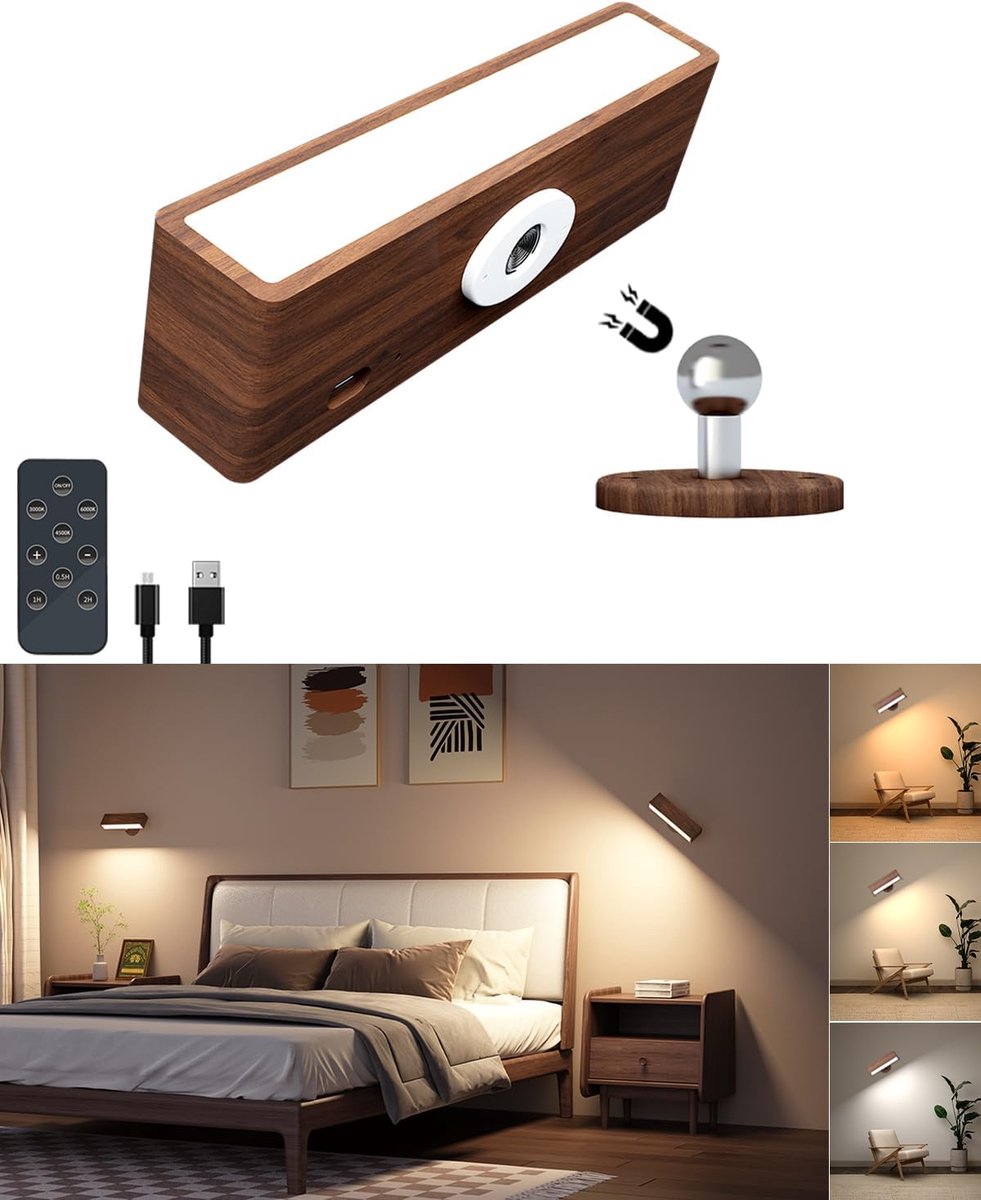 Draaibare Houten Wandlamp op Batterij met 3 Kleuren, Dimbaar en Afstandsbediening | Zonder