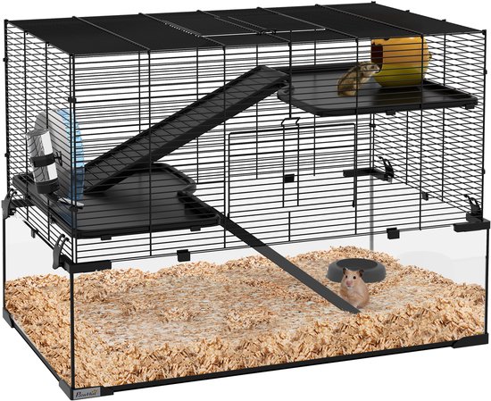 Zwarte hamsterkooi met glazen bodem, mulching, loopwiel, verdiepingen, hellingbanen en een drinkfles.